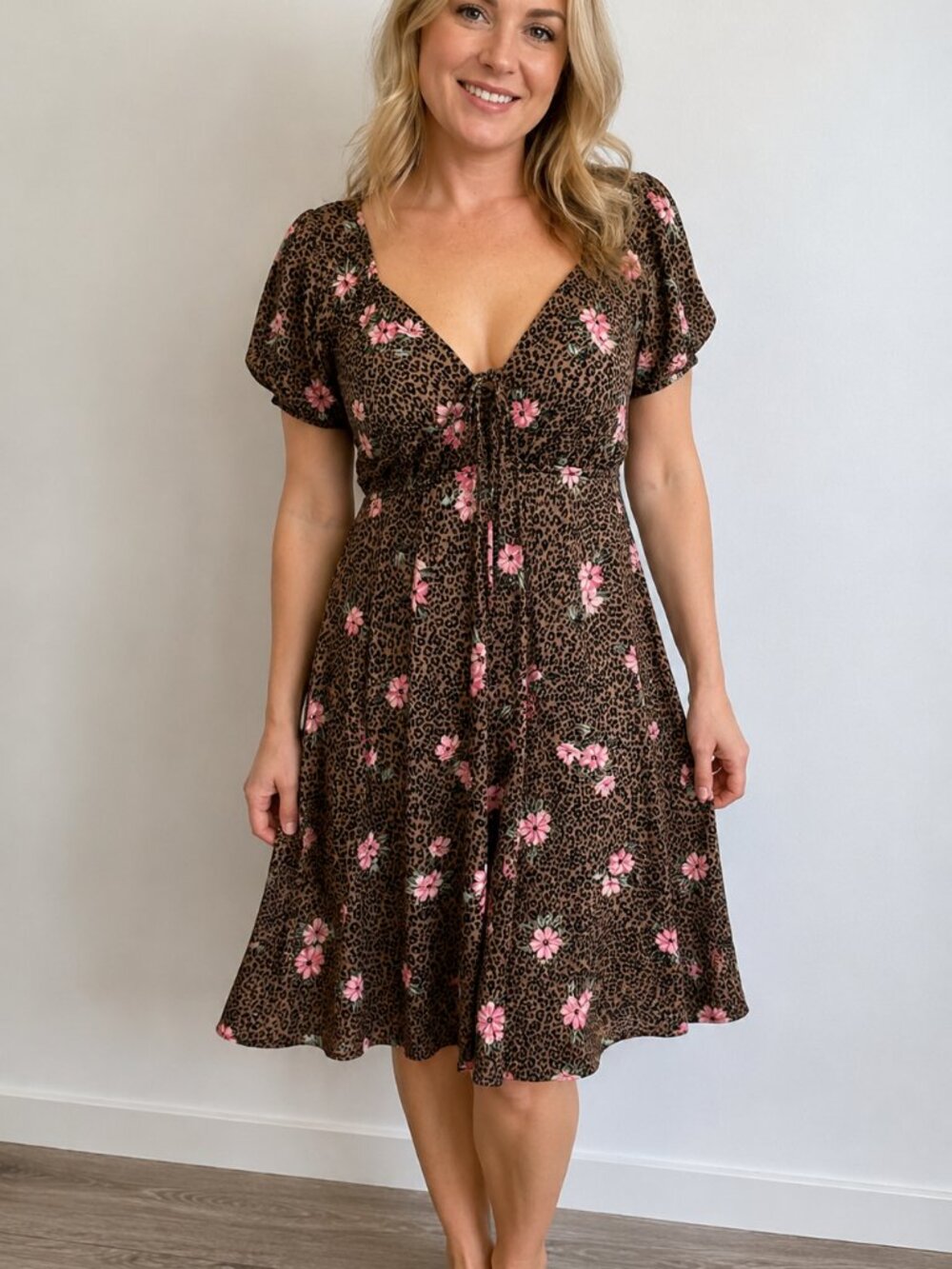 NEW NOBO Brown Leopard Print Midi Dress with Pink Floral Print Medium